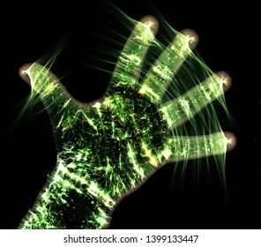 Glowing Kirlian Aura Photography With Green Corona Of A Male Human Hand