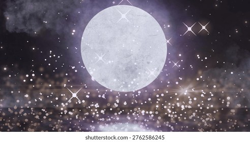 Glowing large moon-like disc casting halo over reflective water at night, with bokeh lights. Orb, glow, mist, twilight, horizon, reflections, ethereal