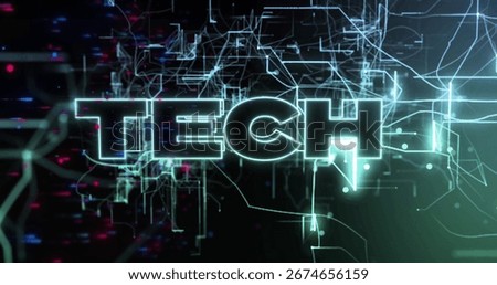 Glowing large TECH lettering pulsating in virtual interface, with neon circuits, nodes and flickers. Futuristic, cyber, digital, network, technology, neon, abstract