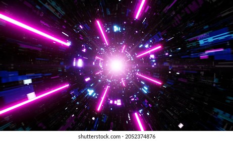 Glowing Laser Beam In The Cyberpunk Space Tunnel