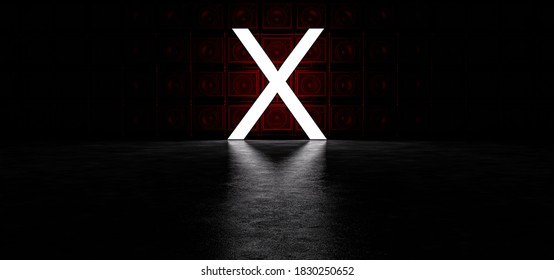 Glowing letter X in white, against the background of a wall of guitar amplifiers illuminated by red light. 3D Render
