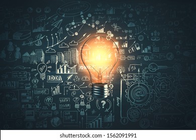 Glowing light bulb and business sketch on dark wall background. Idea and education concept, 3D Rendering