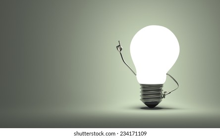 Glowing Light Bulb Character In Aha Moment On Gray Background