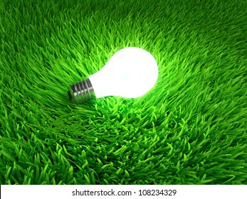 Glowing light bulb hanging above grass symbol of ecological energy