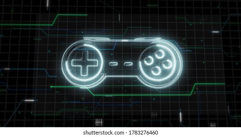 Glowing lines form game controller Gamepad hologram on black.3D illustration