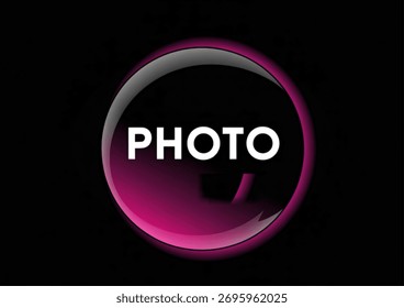 A glowing magenta circle with a gradient effect, containing the word PHOTO in white, set against a black background.