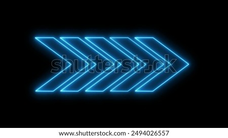 Glowing neon arrow pointer on dark background. Blue neon directional arrow swipe illustration. Right direction arrow on black background.
