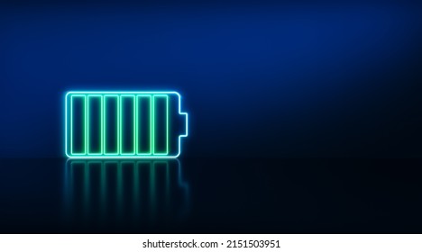 Glowing Neon Battery Charge Level Indicator Icon. Battery Charging Power Sign. Charged Full Battery.