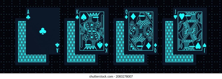 Glowing Neon Blue Playing Cards Showing Ace King Queen And Jack. 3D Illustration Of Symbols Spades, Clubs, Hearts And Diamonds.