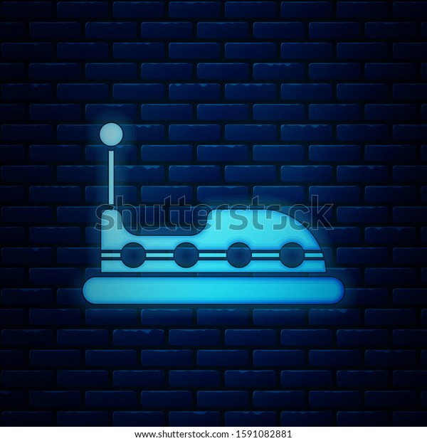 Glowing neon Bumper car icon isolated on brick wall\
background. Amusement park. Childrens entertainment playground,\
recreation park. \

