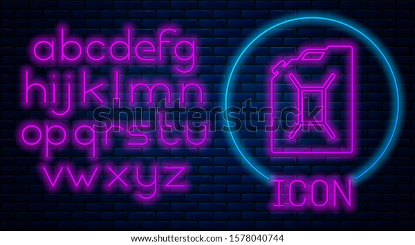 Glowing neon\
Canister for gasoline icon isolated on brick wall background.\
Diesel gas icon. Neon light alphabet.\

