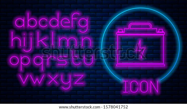 Glowing\
neon Car battery icon isolated on brick wall background.\
Accumulator battery energy power and electricity accumulator\
battery. Lightning bolt. Neon light alphabet.\
