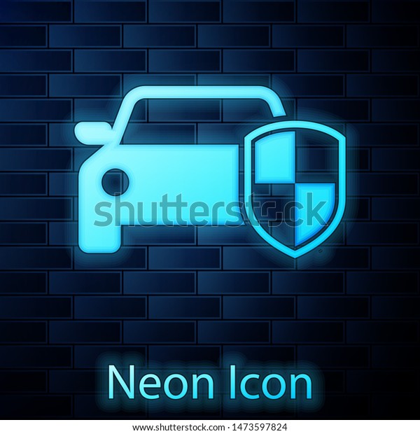 Glowing neon Car protection or\
insurance icon isolated on brick wall background. Protect car guard\
shield. Safety badge vehicle icon. Security auto\
label