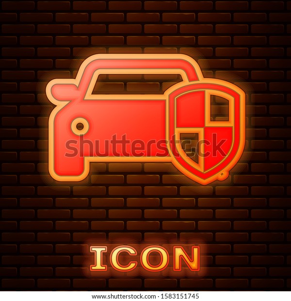 Glowing neon Car protection or\
insurance icon isolated on brick wall background. Protect car guard\
shield. Safety badge vehicle icon. Security auto label. \
