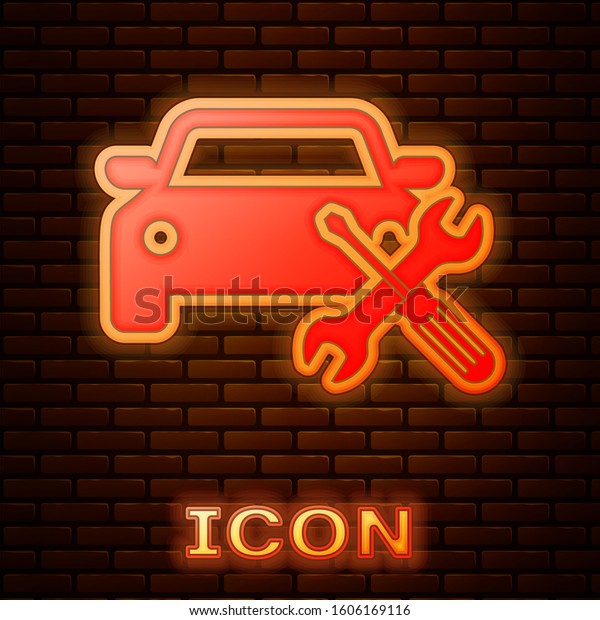 Glowing neon Car with screwdriver and wrench\
icon isolated on brick wall background. Adjusting, service,\
setting, maintenance, repair, fixing. \

