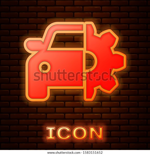 Glowing neon Car service icon\
isolated on brick wall background. Auto mechanic service. Mechanic\
service. Repair service auto mechanic. Maintenance sign. \
