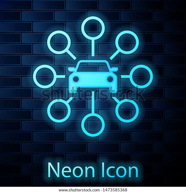 Glowing neon Car\
sharing icon isolated on brick wall background. Carsharing sign.\
Transport renting service\
concept