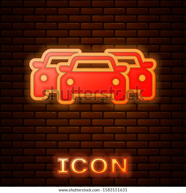 Glowing neon Cars icon isolated on brick wall\
background.  