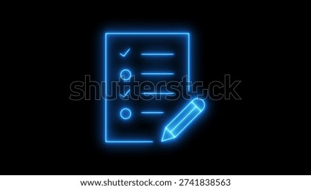Glowing neon checklist document icon with pencil isolated on black background. To-do list. Task. Form. Survey. Edit. Plan.