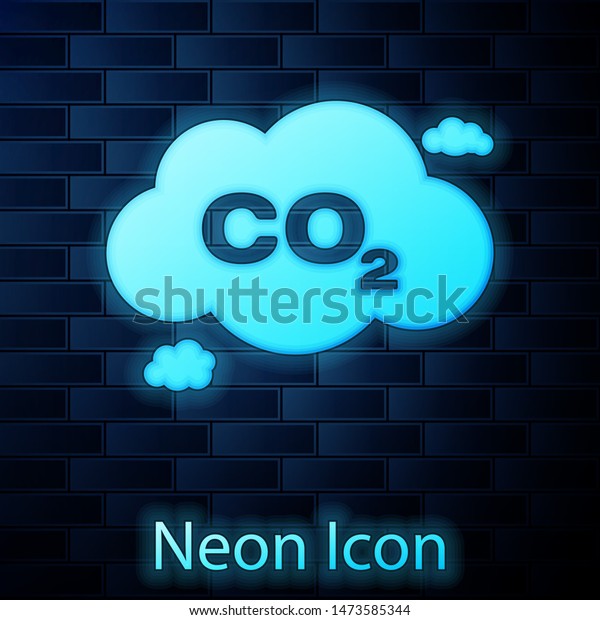 Glowing neon CO2 emissions in cloud icon isolated\
on brick wall background. Carbon dioxide formula symbol, smog\
pollution concept, environment\
concept