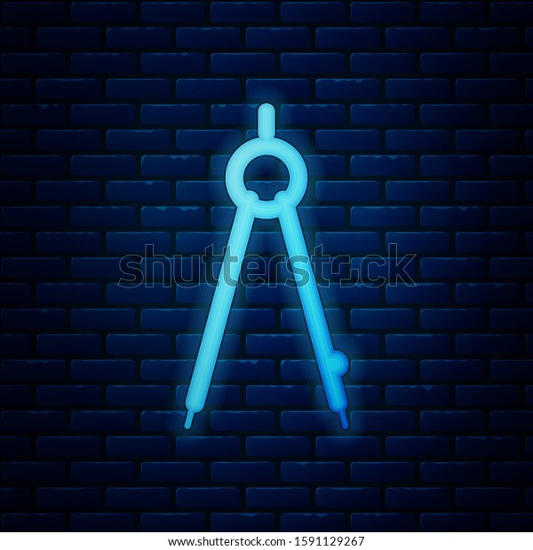 Glowing neon Drawing compass icon isolated\
on brick wall background. Compasses sign. Drawing and educational\
tools. Geometric instrument. \
