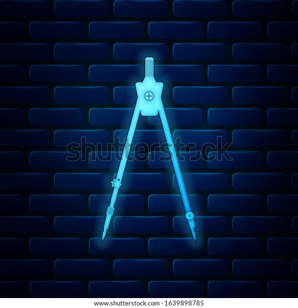 Glowing neon Drawing compass\
icon isolated on brick wall background. Compasses sign. Drawing and\
educational tools. Geometric instrument. Education\
sign