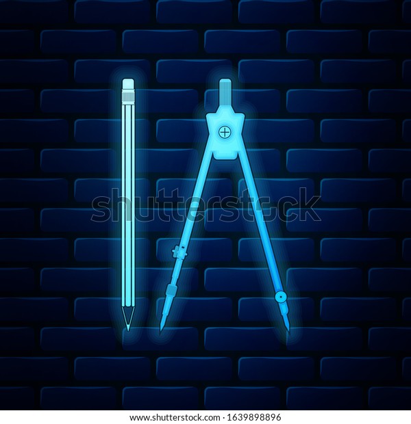 Glowing neon\
Drawing compass and pencil with eraser icon on brick wall\
background. Education sign. Drawing and educational tools.\
Geometric equipment. School office\
symbol