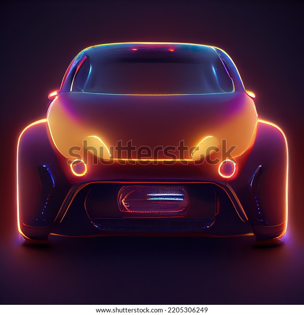 Glowing neon fantasy car. Car of the\
future. Front view. Digital\
illustration.