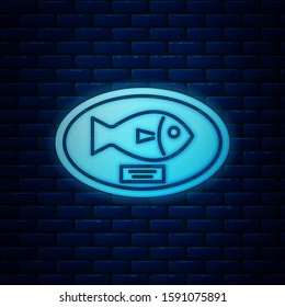 Glowing Neon Fish Trophy Hanging On The Board Icon Isolated On Brick Wall Background. Fishing Trophy On Wall.  