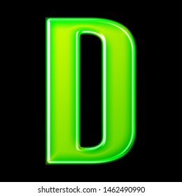 Glowing Neon Green Glass Letter D In A 3D Illustration With A Shiny Metallic Glossy Effect & Rounded Bold Font Style Isolated On A Black Background