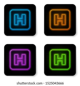 Glowing Neon Hospital Sign Icon Isolated On White Background. Black Square Button