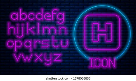 Glowing Neon Hospital Sign Icon Isolated On Brick Wall Background. Neon Light Alphabet. 