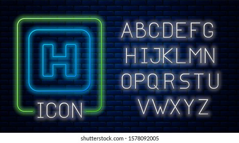 Glowing Neon Hospital Sign Icon Isolated On Brick Wall Background. Neon Light Alphabet. 