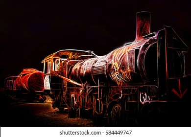 Glowing Neon Illustration Of Old Rusty Train On Black Background