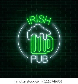 Glowing Neon Irish Pub Signboard In Circle Frame With Text On Dark Brick Wall Background.