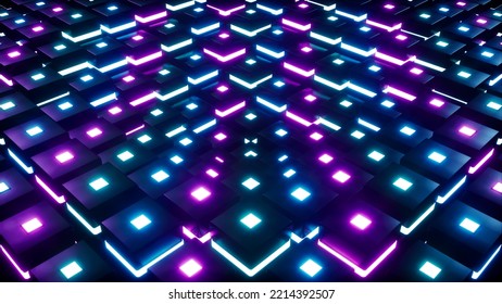 Glowing Neon Light Black Boxes Stacked In Layers 3d Rendering