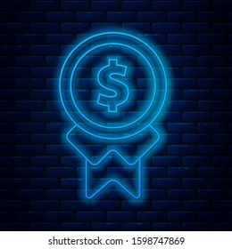 Glowing Neon Line Reward For Good Work Icon Isolated On Brick Wall Background. Employee Of The Month, Talent Award, Outstanding Achievement, Successful Person.  