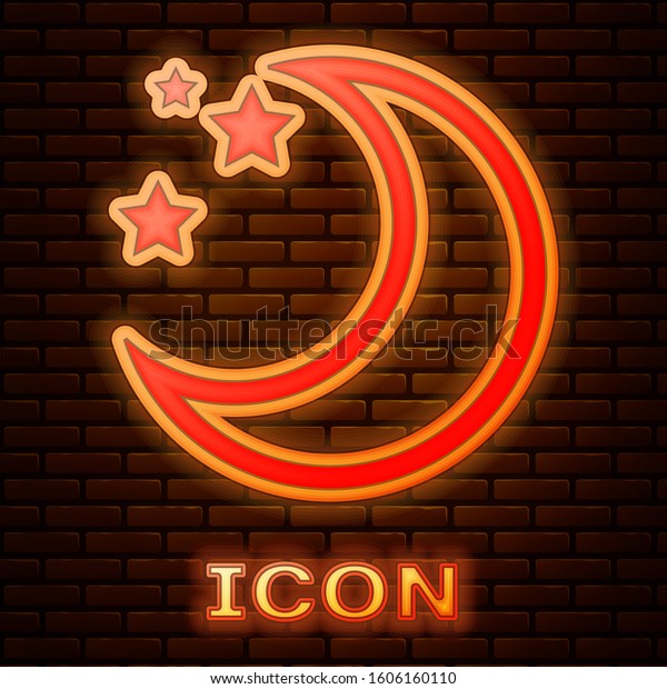 Glowing neon Moon and stars icon isolated on brick wall\
background.  