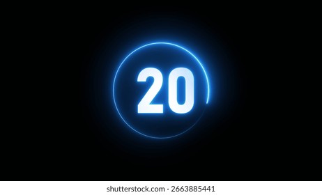 Glowing neon number. Neon counting timer number 20 illustration background.