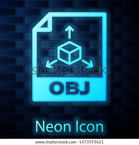 Glowing neon OBJ file document icon. Download obj button icon isolated on brick wall background. OBJ file symbol