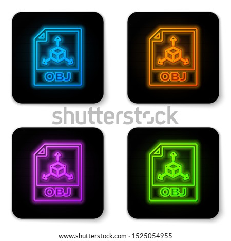 Glowing neon OBJ file document icon. Download obj button icon isolated on white background. OBJ file symbol. Black square button