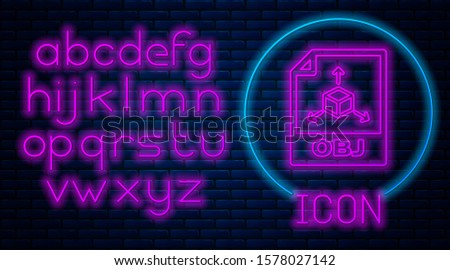 Glowing neon OBJ file document. Download obj button icon isolated on brick wall background. OBJ file symbol. Neon light alphabet. 
