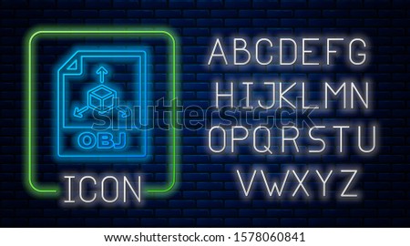 Glowing neon OBJ file document. Download obj button icon isolated on brick wall background. OBJ file symbol. Neon light alphabet. 
