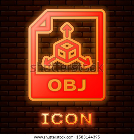 Glowing neon OBJ file document. Download obj button icon isolated on brick wall background. OBJ file symbol.  