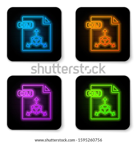 Glowing neon OBJ file document. Download obj button icon isolated on white background. OBJ file symbol. Black square button. 