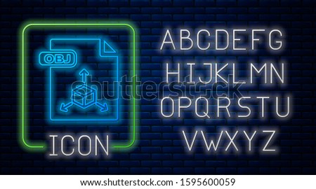 Glowing neon OBJ file document. Download obj button icon isolated on brick wall background. OBJ file symbol. Neon light alphabet. 