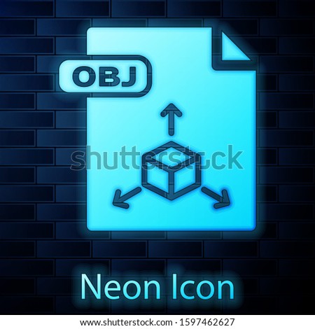Glowing neon OBJ file document. Download obj button icon isolated on brick wall background. OBJ file symbol.  