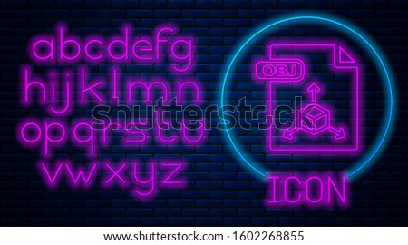 Glowing neon OBJ file document. Download obj button icon isolated on brick wall background. OBJ file symbol. Neon light alphabet. 