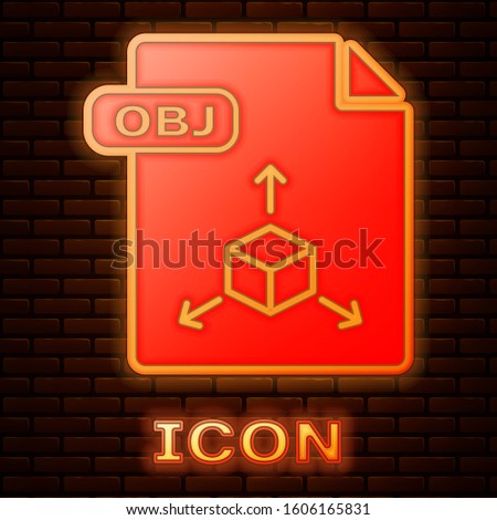 Glowing neon OBJ file document. Download obj button icon isolated on brick wall background. OBJ file symbol.  