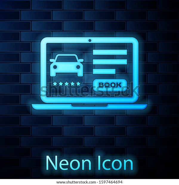 Glowing neon Online car sharing icon isolated\
on brick wall background. Online rental car service. Online booking\
design concept for laptop. \
